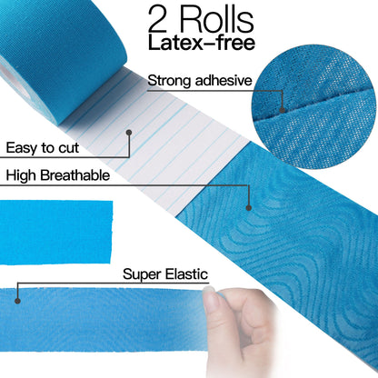 LotFancy 2 Rolls Kinesiology Tape,Cotton Elastic Premium Athletic Tape,16Ft x 2 in, Blue