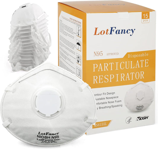 LotFancy NIOSH N95 Mask, 15PCS Particulate Respirator with Breathing Valve, Disposable Air Filter Masks Against Dust, Pollution, Particle, Face Mask for Woodworking, Construction