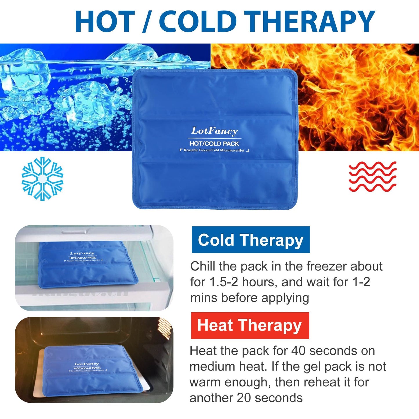 LotFancy Ice Pack for Injuries, Reusable Hot Cold Pack for Therapy, Cooling or Heating Pad for First Aid, Back Shoulder Neck Head Feet Pain Relief PMT