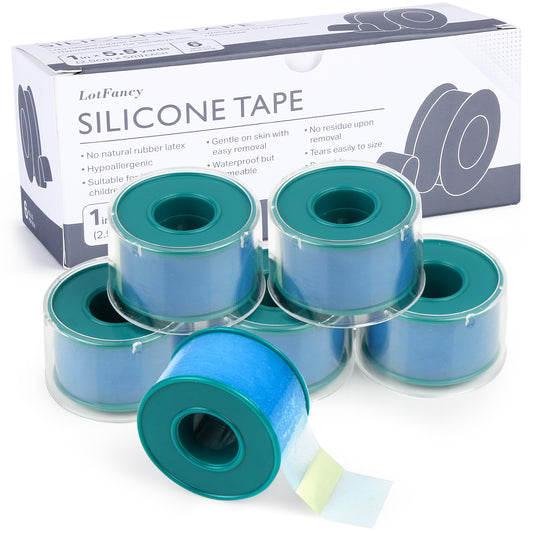 LotFancy Medical Silicone Tape, 6 Rolls 1”×5.5 Yds, Waterproof Adhesive Surgical Tape for First Aid