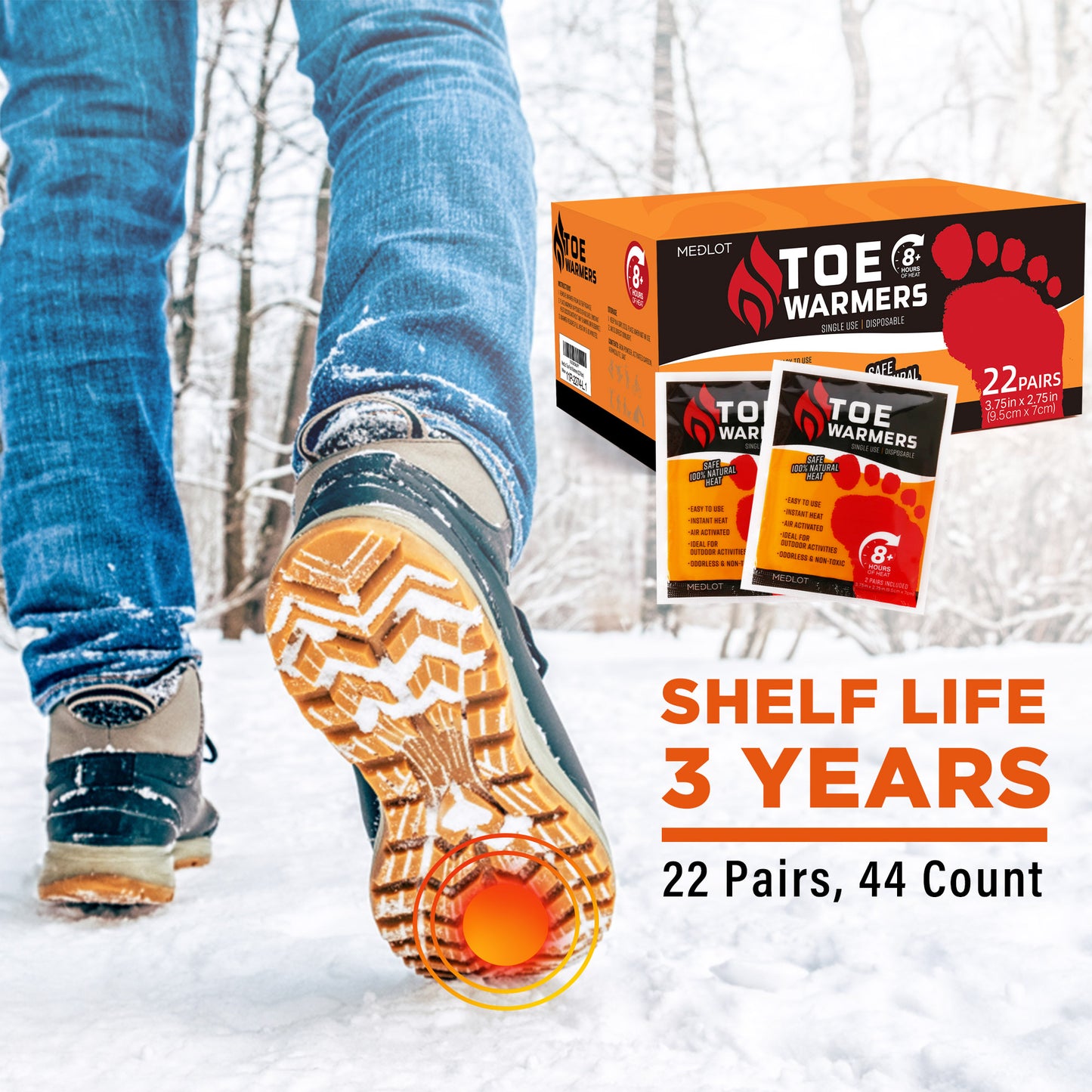 MEDLOT Toe Feet Warmers, 22/44 Pairs, Air-Activated Adhesive Warmers for Shoes and Boots