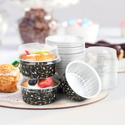 LotFancy 50 Graduation Theme Baking Cups with Lid & Spoon, 5oz Foil Cupcake Liners for Party ,Black