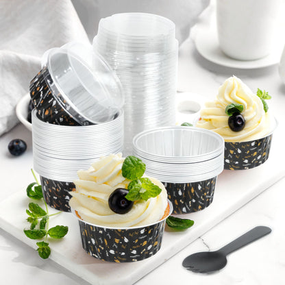 LotFancy 50 Graduation Theme Baking Cups with Lid & Spoon, 5oz Foil Cupcake Liners for Party ,Black