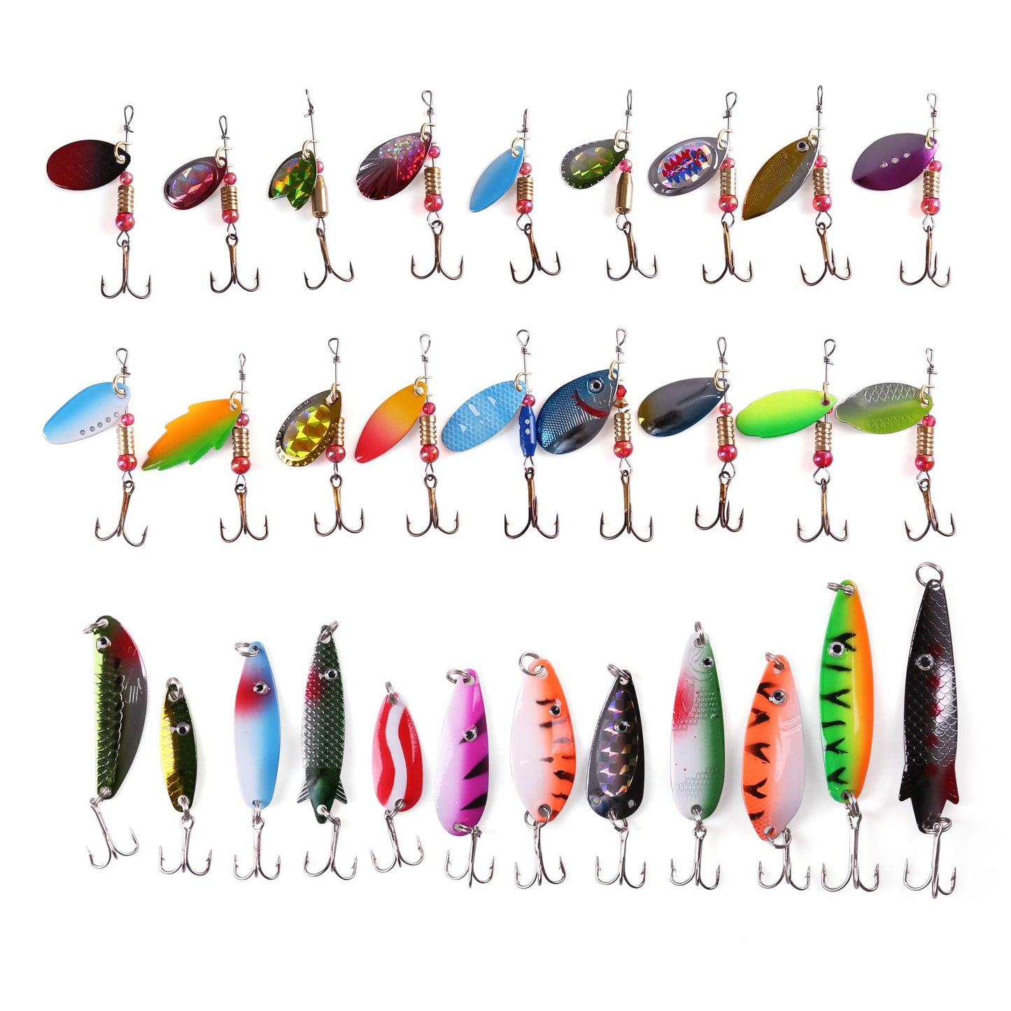 LotFancy Fishing Lures, 30 PCS Spinner Baits for Bass Perch Pike Walleye Trout Salmon, Assorted Hard Metal Spinner Lures Kit, Fit Saltwater and Freshwater