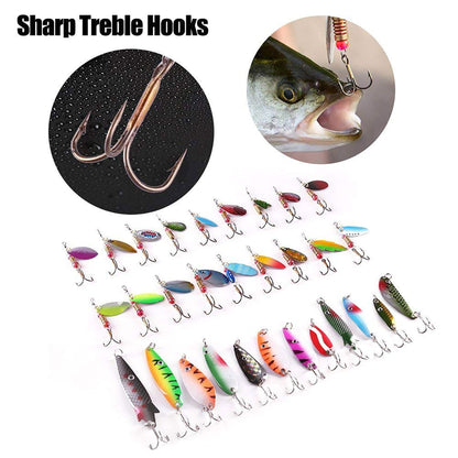 LotFancy Fishing Lures, 30 PCS Spinner Baits for Bass Perch Pike Walleye Trout Salmon, Assorted Hard Metal Spinner Lures Kit, Fit Saltwater and Freshwater