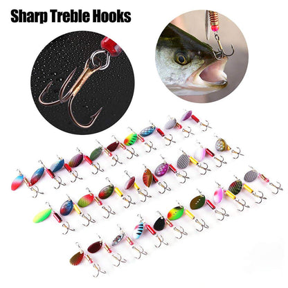 LotFancy Fishing Lures, 30 PCS Spinner Baits for Bass Perch Pike Walleye Trout Salmon, Assorted Hard Metal Spinner Lures Kit, Fit Saltwater and Freshwater