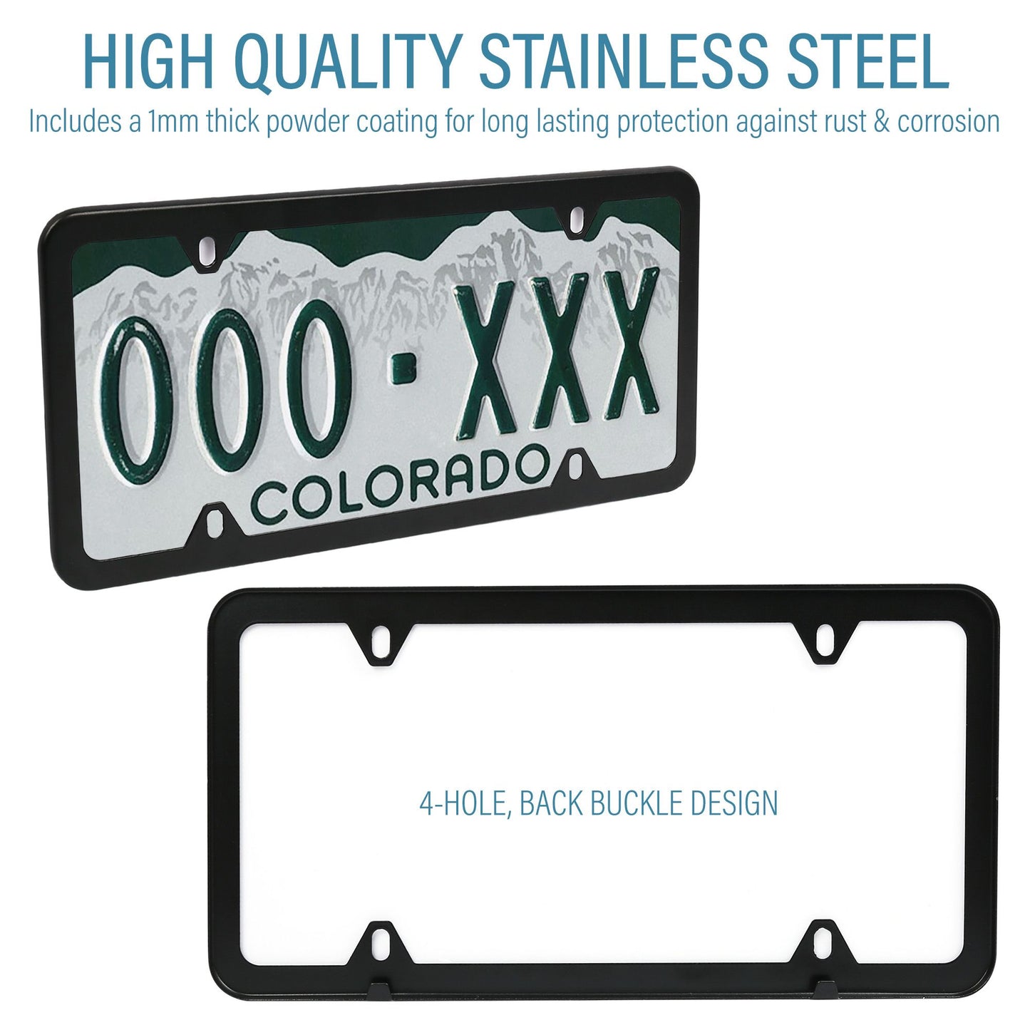LotFancy Stainless Steel License Plate Frames, 2Pack 4 Hole Car License Plate Covers with Screws Washers Caps and Sponge Shock Pads, License Plate Holder for US Vehicles