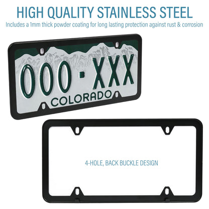 LotFancy Stainless Steel License Plate Frames, 2Pack 4 Hole Car License Plate Covers with Screws Washers Caps and Sponge Shock Pads, License Plate Holder for US Vehicles