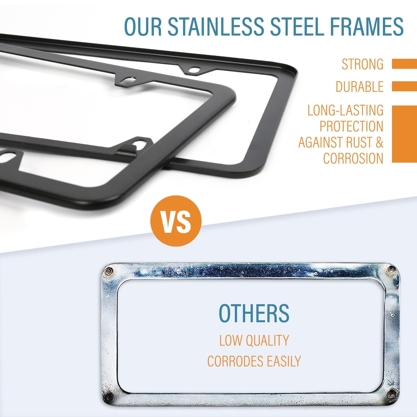 LotFancy Stainless Steel License Plate Frames, 2Pack 4 Hole Car License Plate Covers with Screws Washers Caps and Sponge Shock Pads, License Plate Holder for US Vehicles