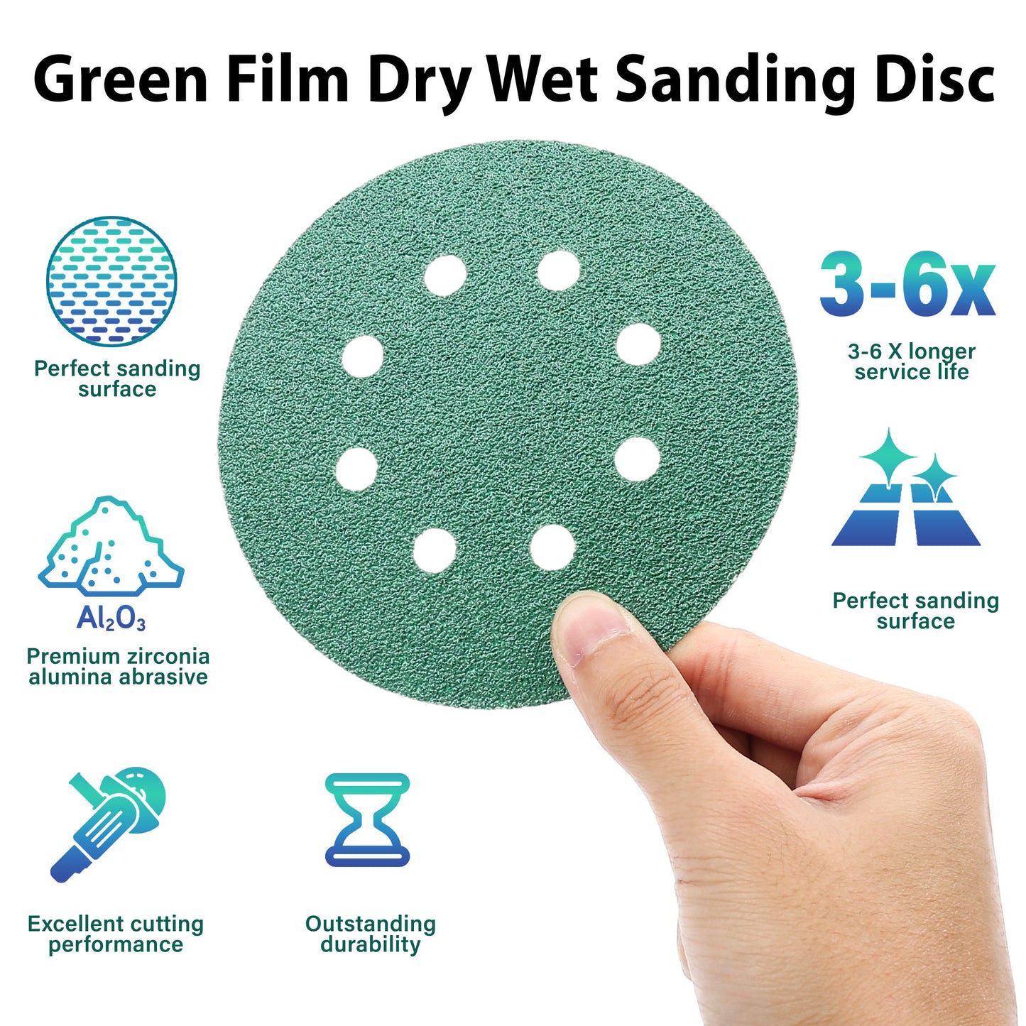 LotFancy 5 Inch 8 Holes Green Wet Dry Sander Sandpaper, Hook and Loop Sanding Discs,