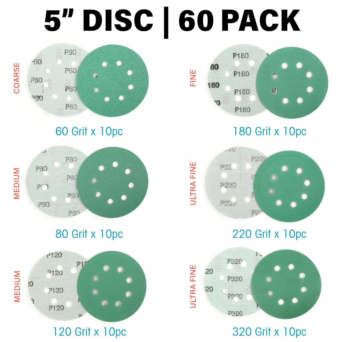 LotFancy 5 Inch 8 Holes Green Wet Dry Sander Sandpaper, Hook and Loop Sanding Discs,