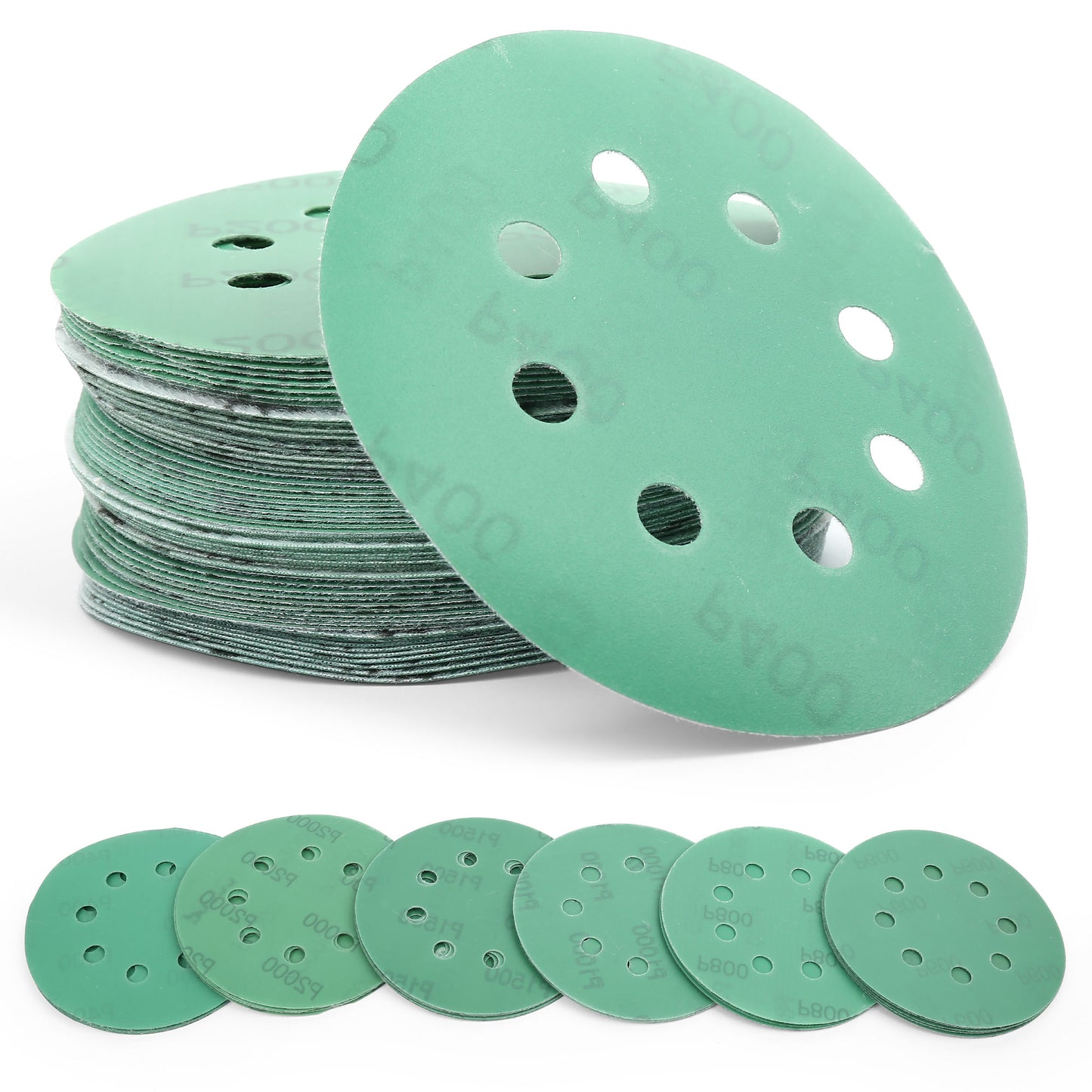 LotFancy 5 Inch 8 Holes Green Wet Dry Sander Sandpaper, Hook and Loop Sanding Discs,