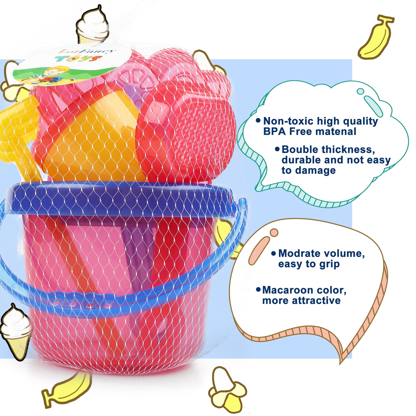 LotFancy Beach Toy Set, Sand Toy for Toddlers, Beach Bucket with Sand Sifter Cover, Shovel, Star Mold, Rake, Watering Can and Sifter Shovel Tool Kit for Kids Outdoor Toys