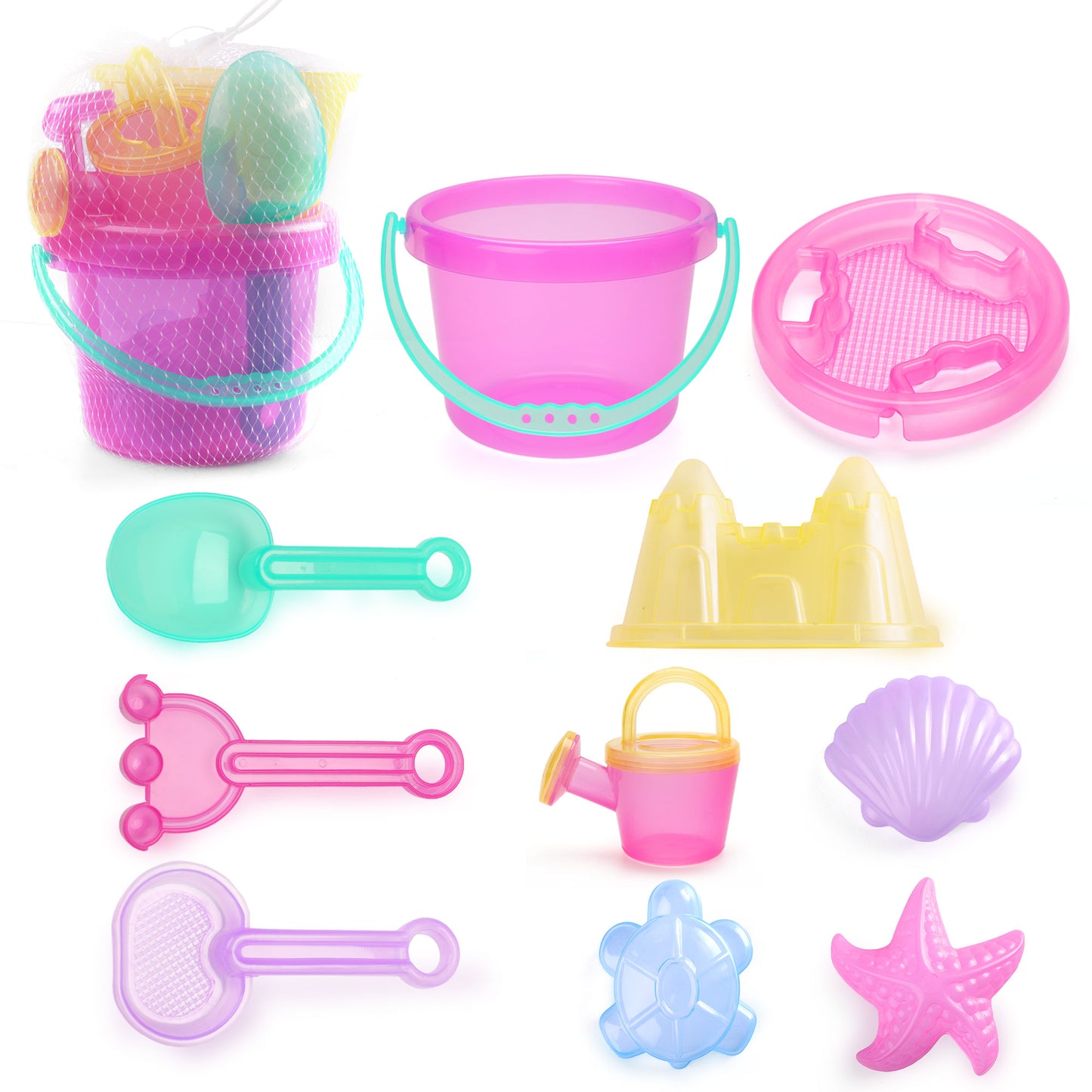 LotFancy Beach Toy Set, Sand Toy for Toddlers, Beach Bucket with Sand Sifter Cover, Shovel, Star Mold, Rake, Watering Can and Sifter Shovel Tool Kit for Kids Outdoor Toys