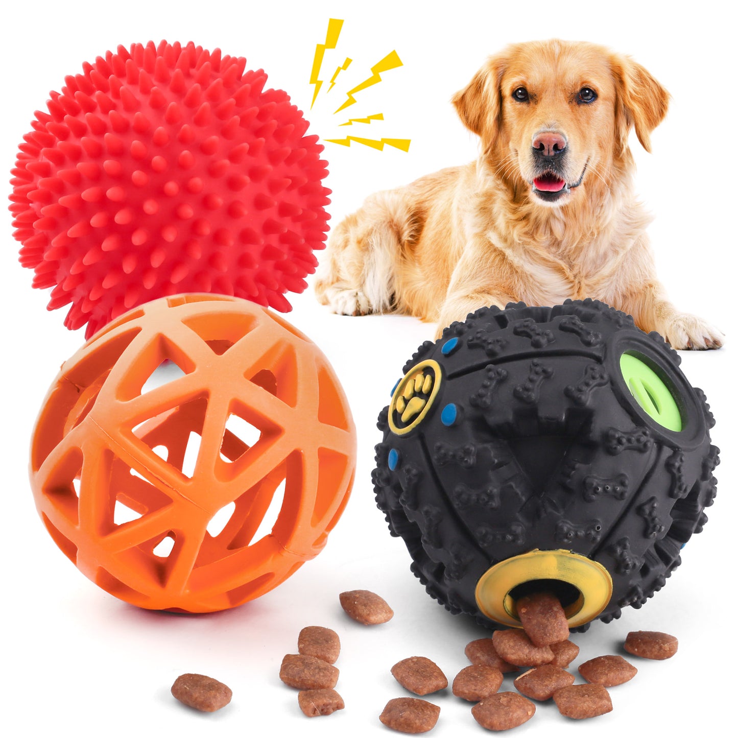 3 Pack Dog Treat Ball, Interactive Food Treat Dispensing Dog Toys, Dog Puzzle Toys for Boredom, Dog Squeaky Balls, Non-Toxic Interactive Dog Toys, Dog Teething Toys for Puppy Small Dog Training and Playing