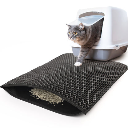 Prime Pets Cat Litter Mat, Kitty Litter Trapping Pad, Honeycomb Double-Layer Cat Mat for Litter Box, Easy Clean, Large Size, Black Litter Trapper Catcher Rug, Waterproof, Urine Proof