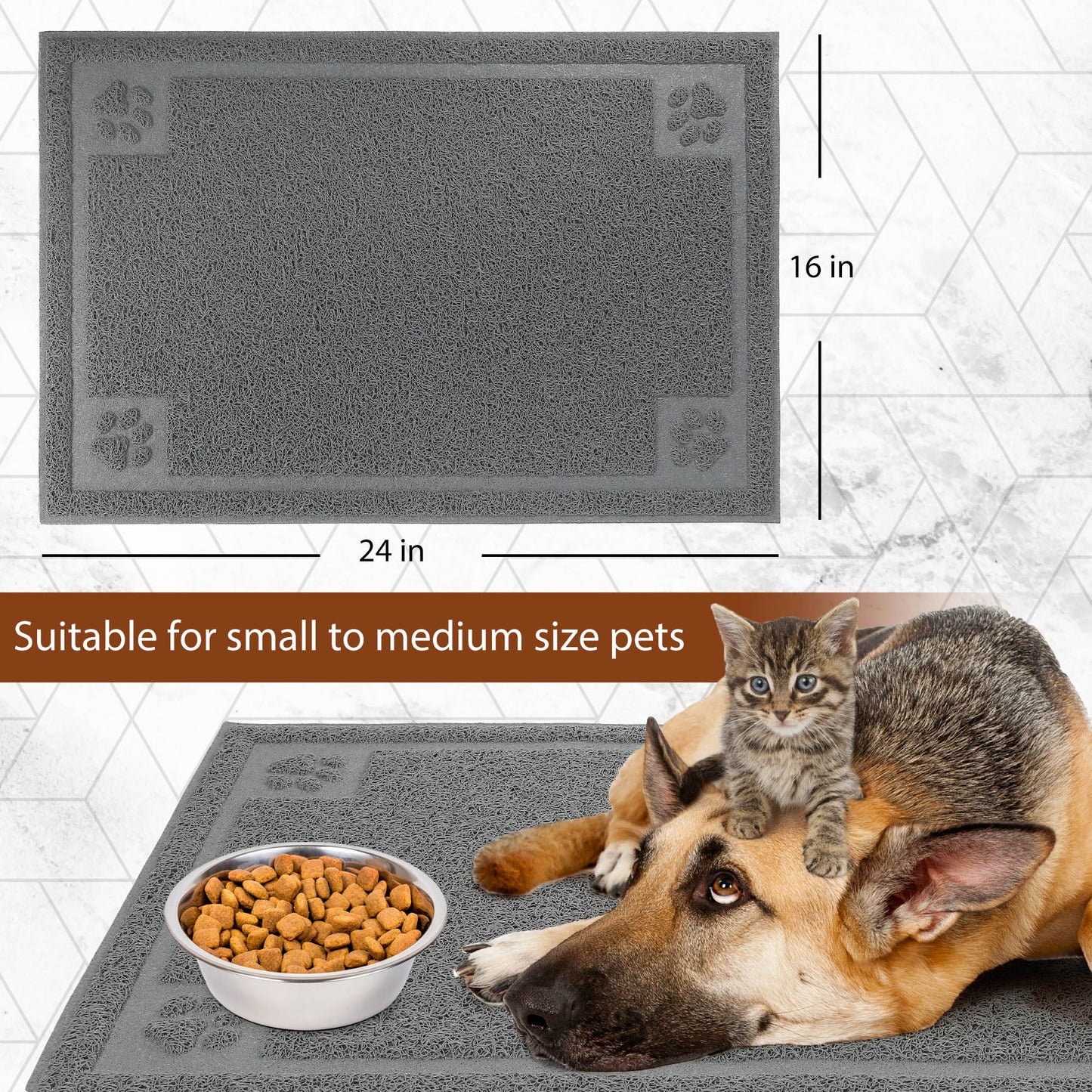 Prime Pets Dog Food Mat, Waterproof Pet Feeding Mat for Water Bowls, XL (35" x 24") or L (24" x 16") Cat Litter Mat, Non Slip, Grey