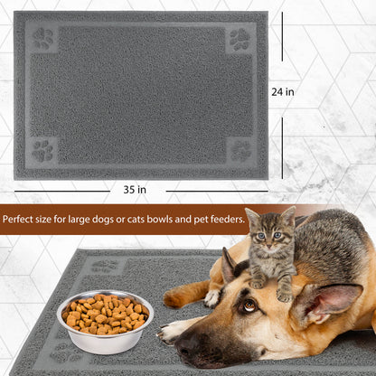 Prime Pets Dog Food Mat, Waterproof Pet Feeding Mat for Water Bowls, XL (35" x 24") or L (24" x 16") Cat Litter Mat, Non Slip, Grey