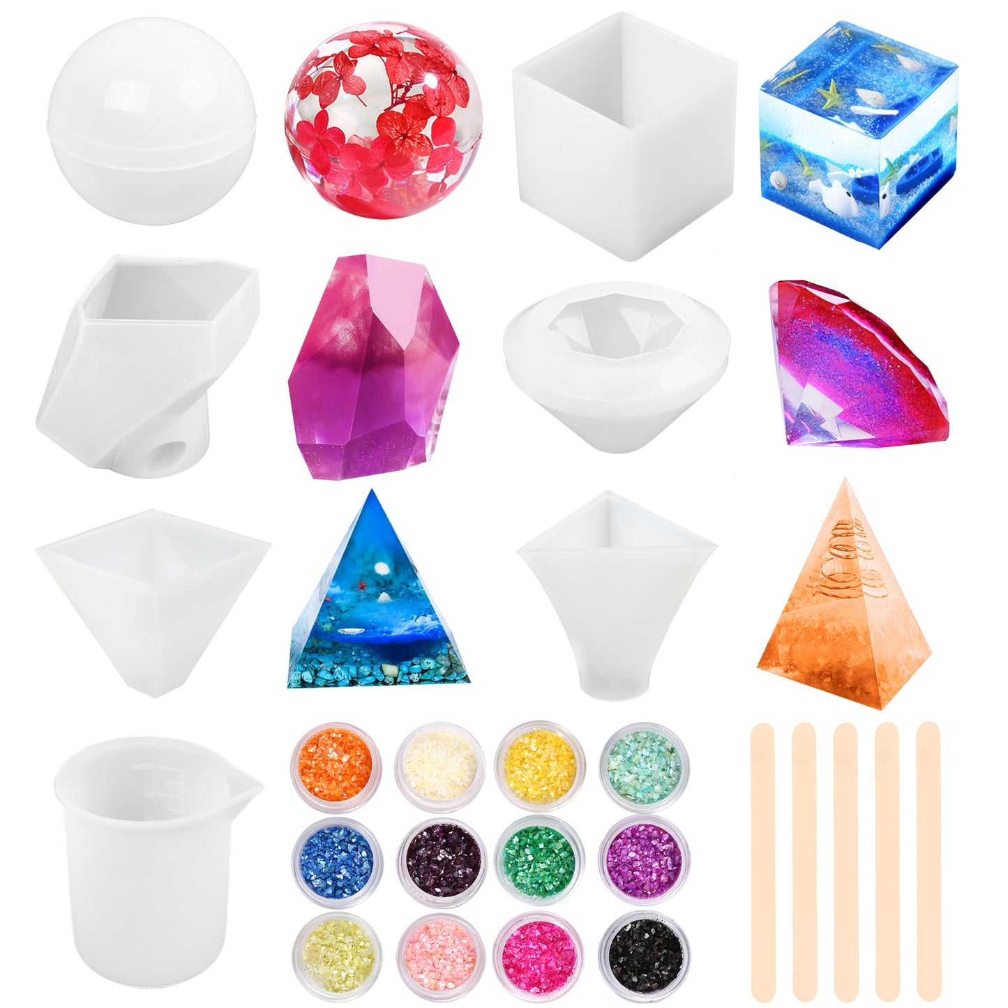 LotFancy Epoxy Resin Molds, 6Pcs DIY Silicone Molds for Resin Casting, Soap, Candles - Sphere Cube Pyramid Stone Diamond Molds for Home Décor, with Measuring Cup, Stirrers, Glitter Sequins