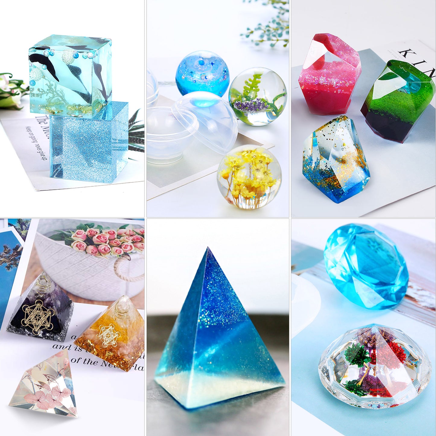 LotFancy Epoxy Resin Molds, 6Pcs DIY Silicone Molds for Resin Casting, Soap, Candles - Sphere Cube Pyramid Stone Diamond Molds for Home Décor, with Measuring Cup, Stirrers, Glitter Sequins