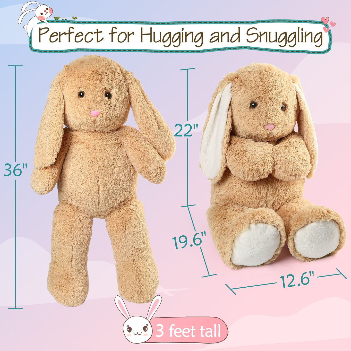 BenBen 3FT Bunny Stuffed Animal, Large Soft Rabbit Plush Toy, Lop-Eared Brown Bunny Plushie