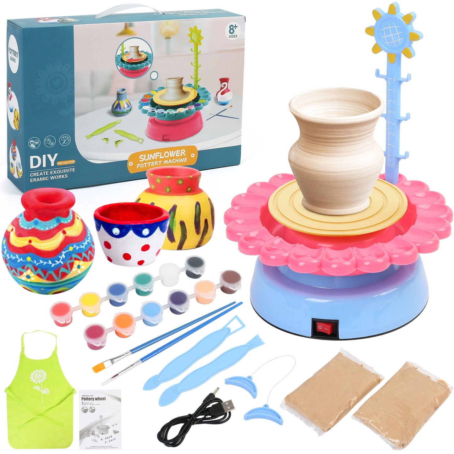 LotFancy Pottery Wheel for Kids 8 and Up, Air Dry Sculpting Clay and Craft Paint Toy Kit, Ceramic Machine for Beginners