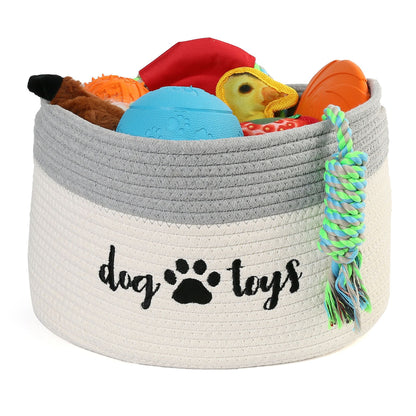 Prime Pets Cotton Rope Dog Toy Basket, Small Basket with Handles WMT