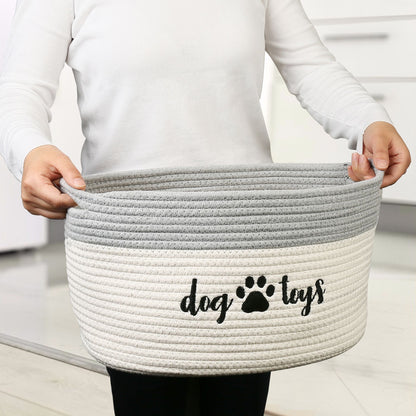 Prime Pets Cotton Rope Dog Toy Basket, Small Basket with Handles, Woven Storage Bin for Dogs Pets, 15x10x9 inch Pet Basket Container Holder for Toys PMT