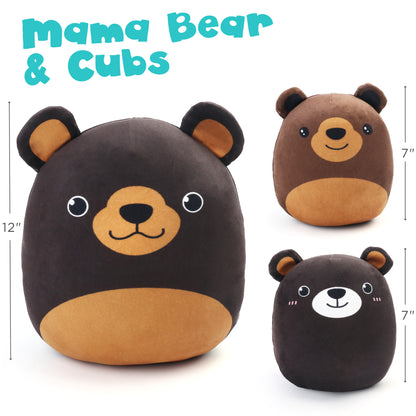 BenBen Bear Plush Pillow, Set of 3 Cute Plushie, 12’’ and 7’’ Squishy Stuffed Animals Hugging Toy, Mama Bear and Cubs