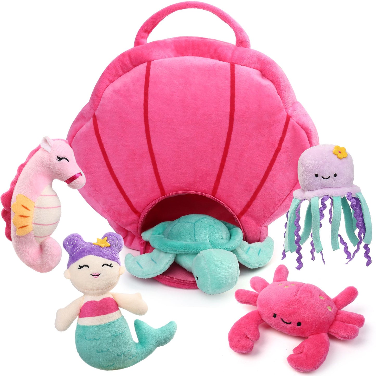 LotFancy Ocean Stuffed Animal, 5 Small Sea Creature Plush Toys & Shell Carrying Bag for Kids, Girls