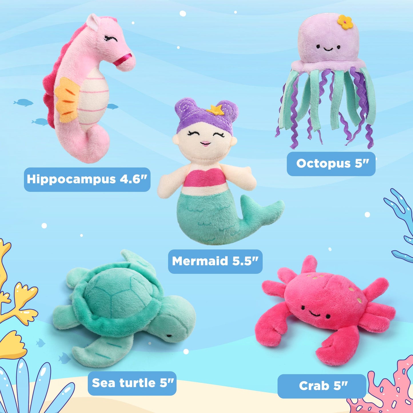 LotFancy Ocean Stuffed Animal, 5 Small Sea Creature Plush Toys & Shell Carrying Bag for Kids, Girls