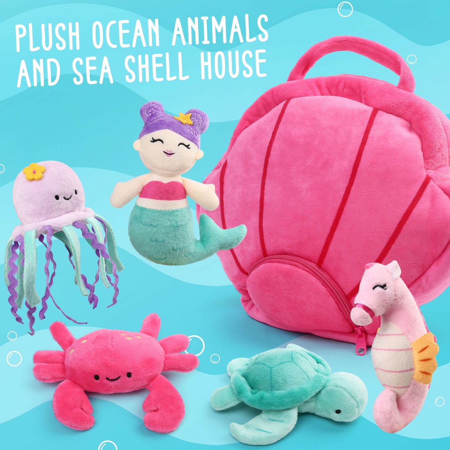 LotFancy Ocean Stuffed Animal, 5 Small Sea Creature Plush Toys & Shell Carrying Bag for Kids, Girls