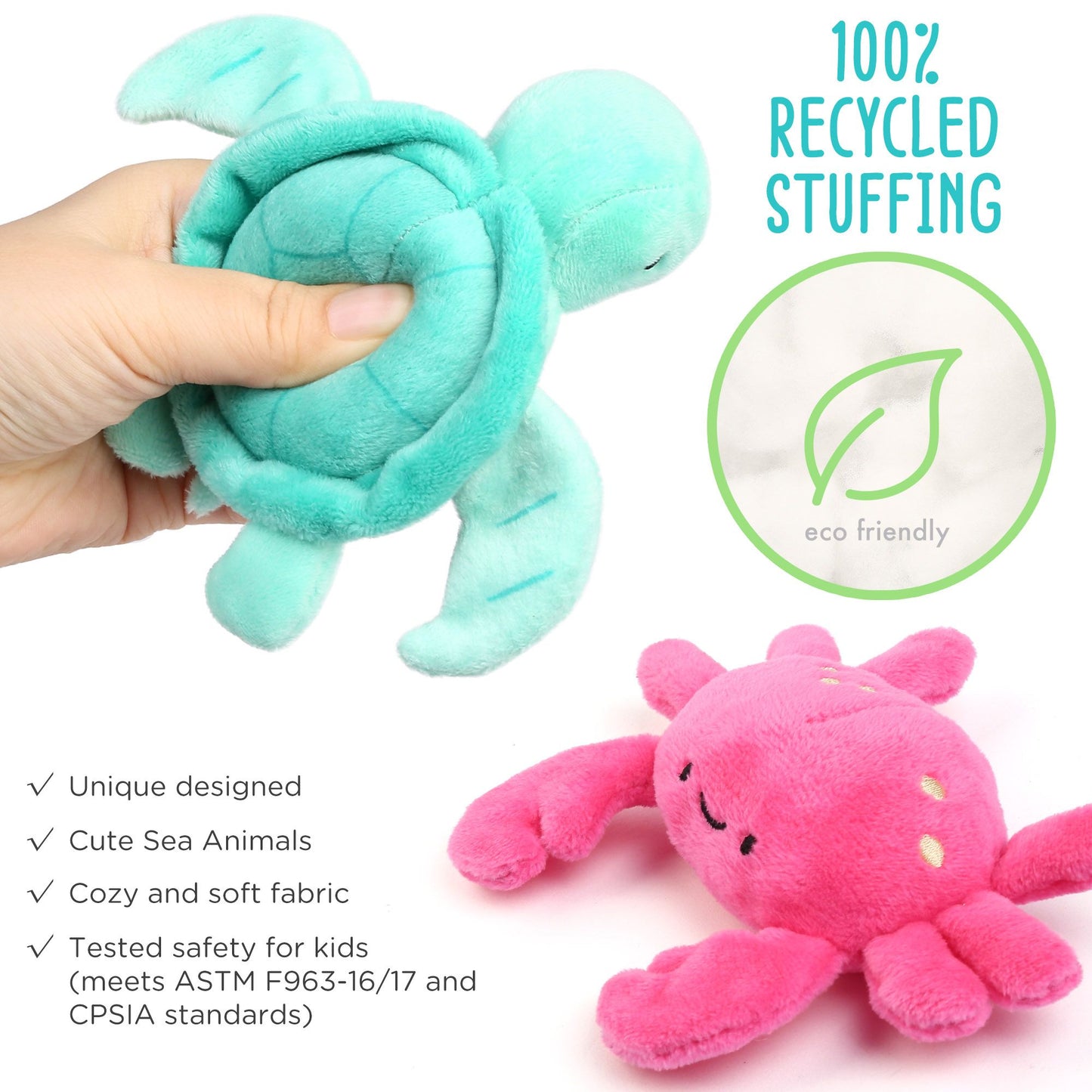 LotFancy Ocean Stuffed Animal, 5 Small Sea Creature Plush Toys & Shell Carrying Bag for Kids, Girls WMT