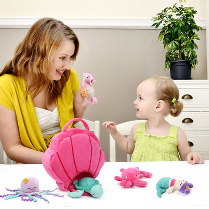 LotFancy Ocean Stuffed Animal, 5 Small Sea Creature Plush Toys & Shell Carrying Bag for Kids, Girls WMT
