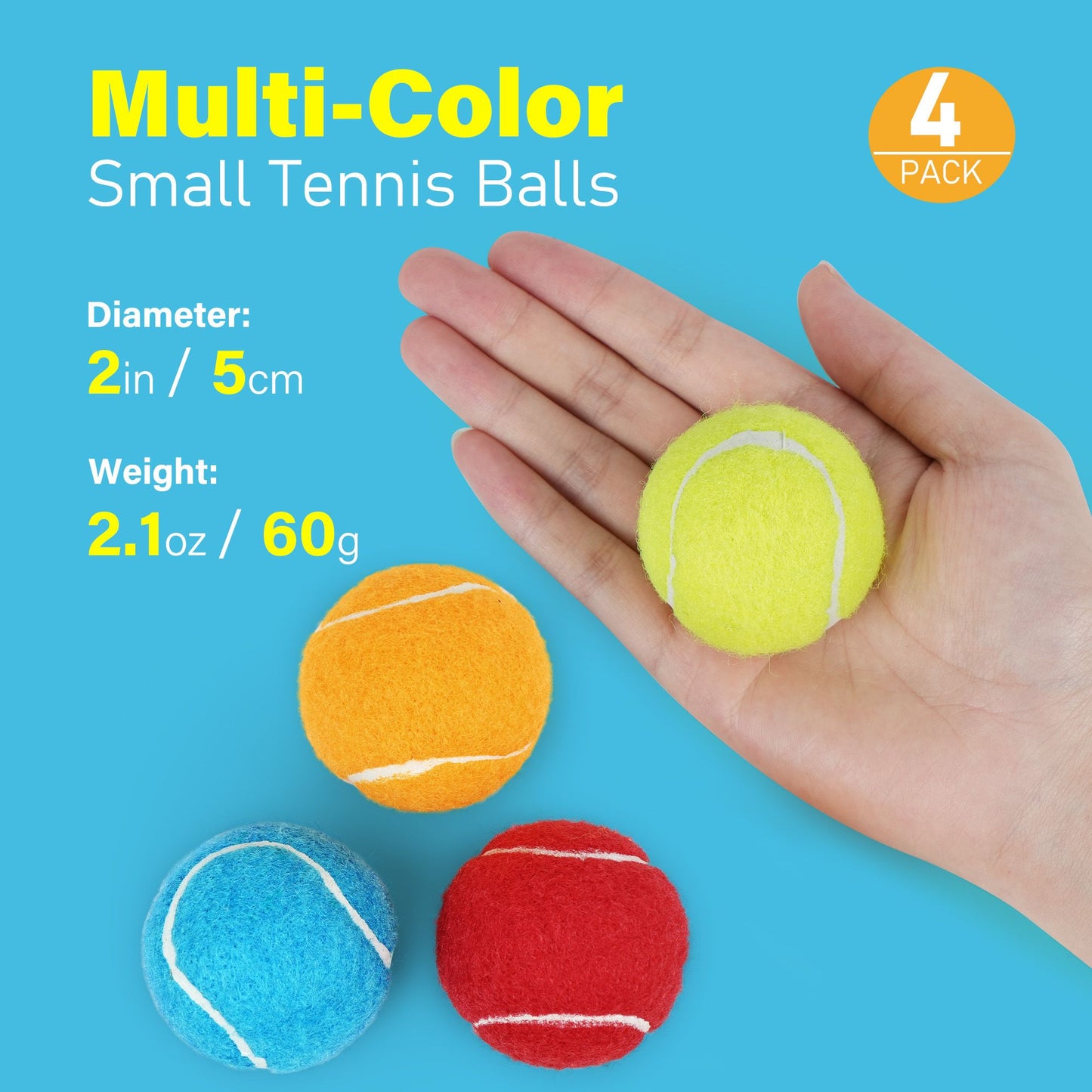 Prime Pets Tennis Balls for Dogs, 4Pack 2 in Tennis Ball with Squeaker,4 Colors:Blue Yellow Red Orange