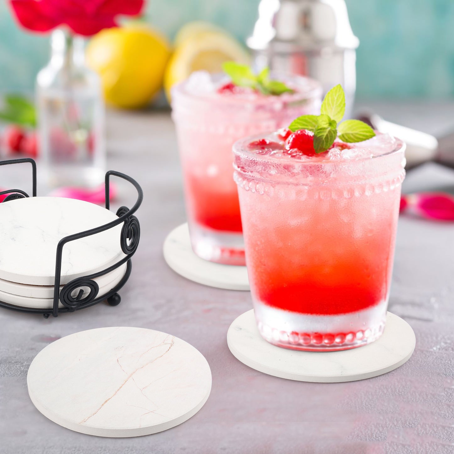 LotFancy Absorbent Coasters for Drinks Absorbent with Holder, 6PCS 4" Round Ceramic Coasters with Cork Base