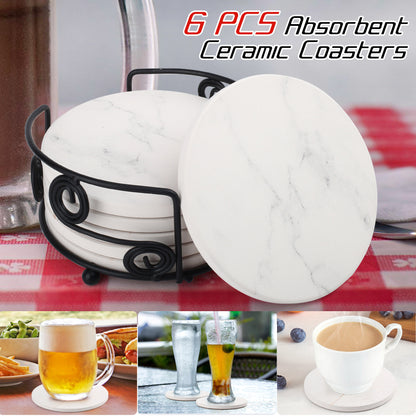 LotFancy Absorbent Coasters for Drinks Absorbent with Holder, 6PCS 4" Round Ceramic Coasters with Cork Base