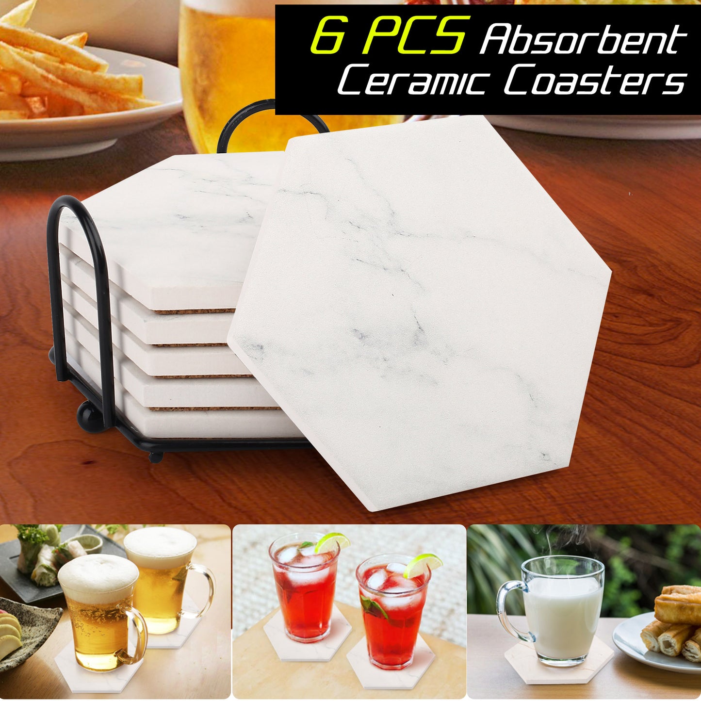 LotFancy 6Pcs Coasters for Drinks Absorbent, 4" x 4" Square Coasters Set, with Non-Slip Cork Base