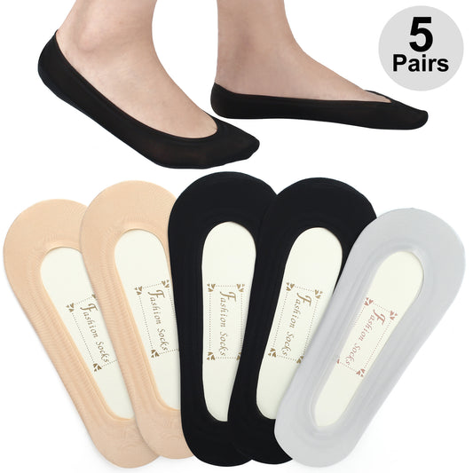 LotFancy 5 Pairs Women No Show Socks Nylon Ultra Thin Size 6-10 US, Low Cut Liner Socks for Heels, Loafers, Flats, Boat Shoes, Non-Slip Invisible Hidden Socks