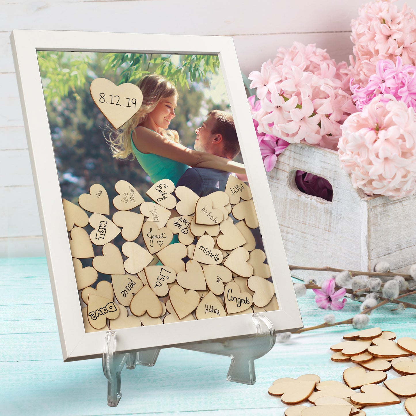 LotFancy Wedding Guest Book Alternative, Drop Top Frame, Heart Drop Wood Guest Book with Stand, 87 Wooden Hearts, 2 Pens, Rustic Wedding Decorations for Reception Baby Shower, Birthday, Graduation