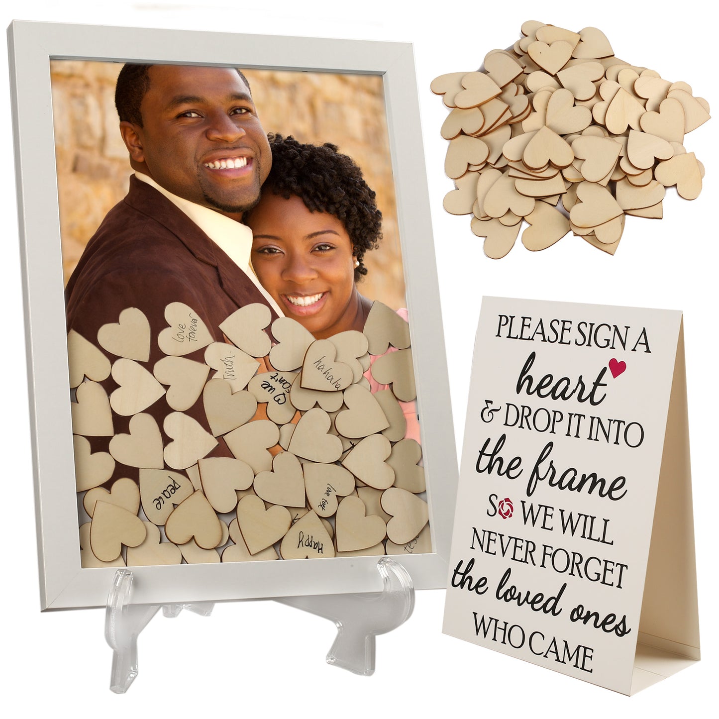 LotFancy Wedding Guest Book Alternative, Drop Top Frame, Heart Drop Wood Guest Book with Stand, 87 Wooden Hearts, 2 Pens, Rustic Wedding Decorations for Reception Baby Shower, Birthday, Graduation
