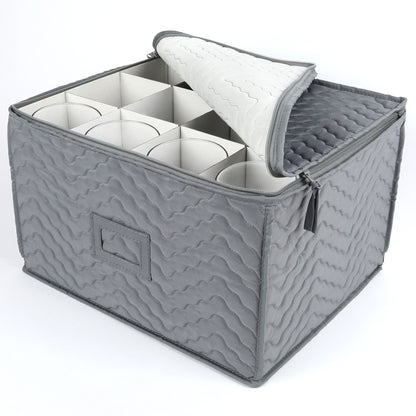 LotFancy Stemware Storage Container for 12 Wine Glasses, Wine Glass Storage Box with Dividers, Gray