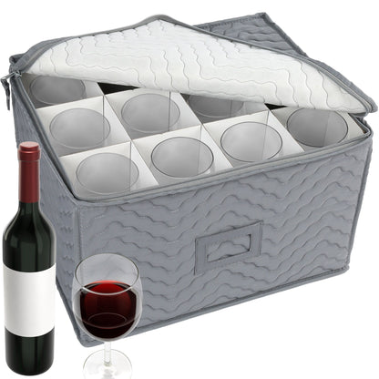 LotFancy Stemware Storage Container for 12 Wine Glasses, Wine Glass Storage Box with Dividers, Gray