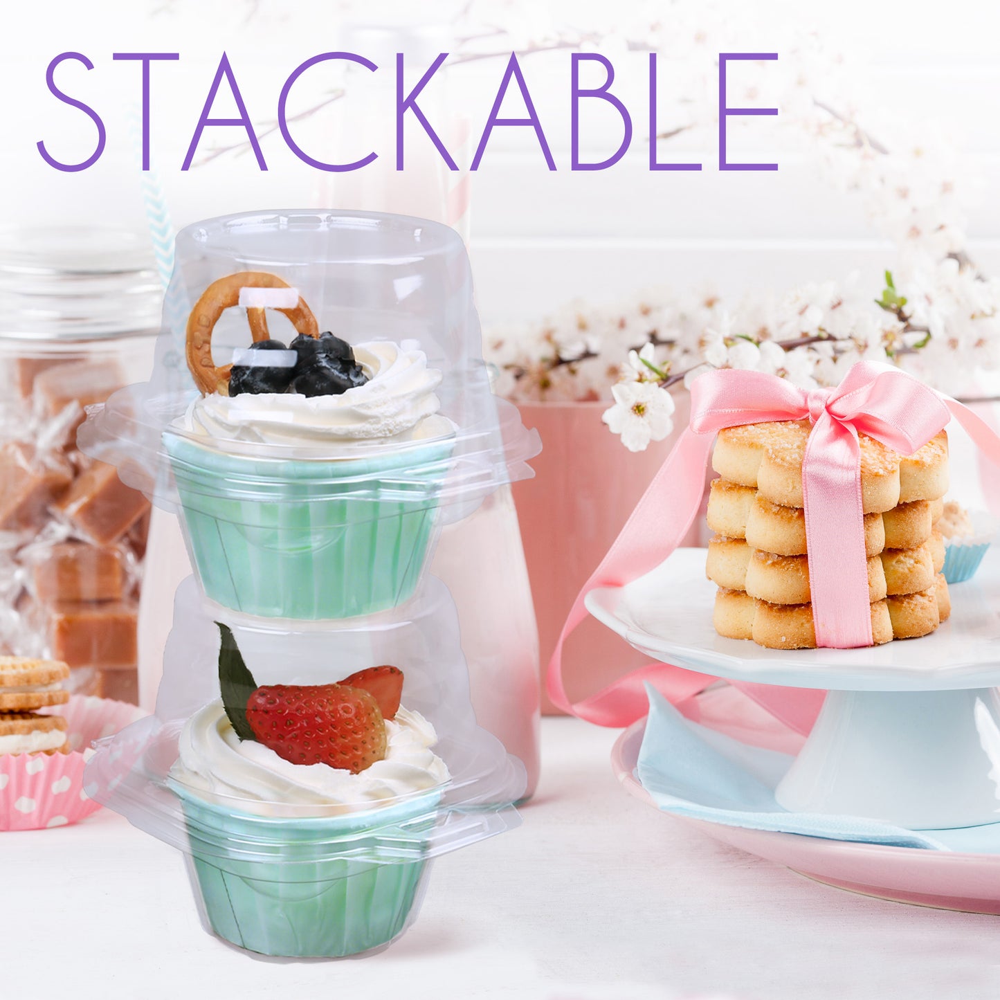 LotFancy Plastic Individual Cupcake Container, Stackable Single Compartment Cupcake Carrier Holder Box