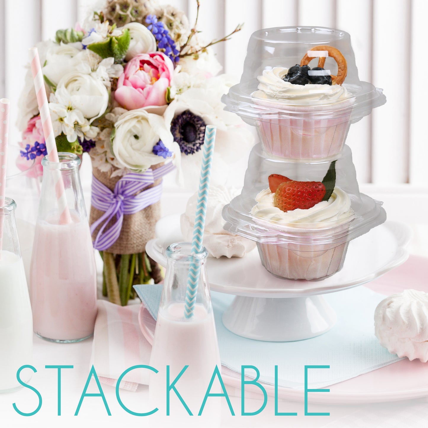 LotFancy Plastic Individual Cupcake Container, Stackable Single Compartment Cupcake Carrier Holder Box