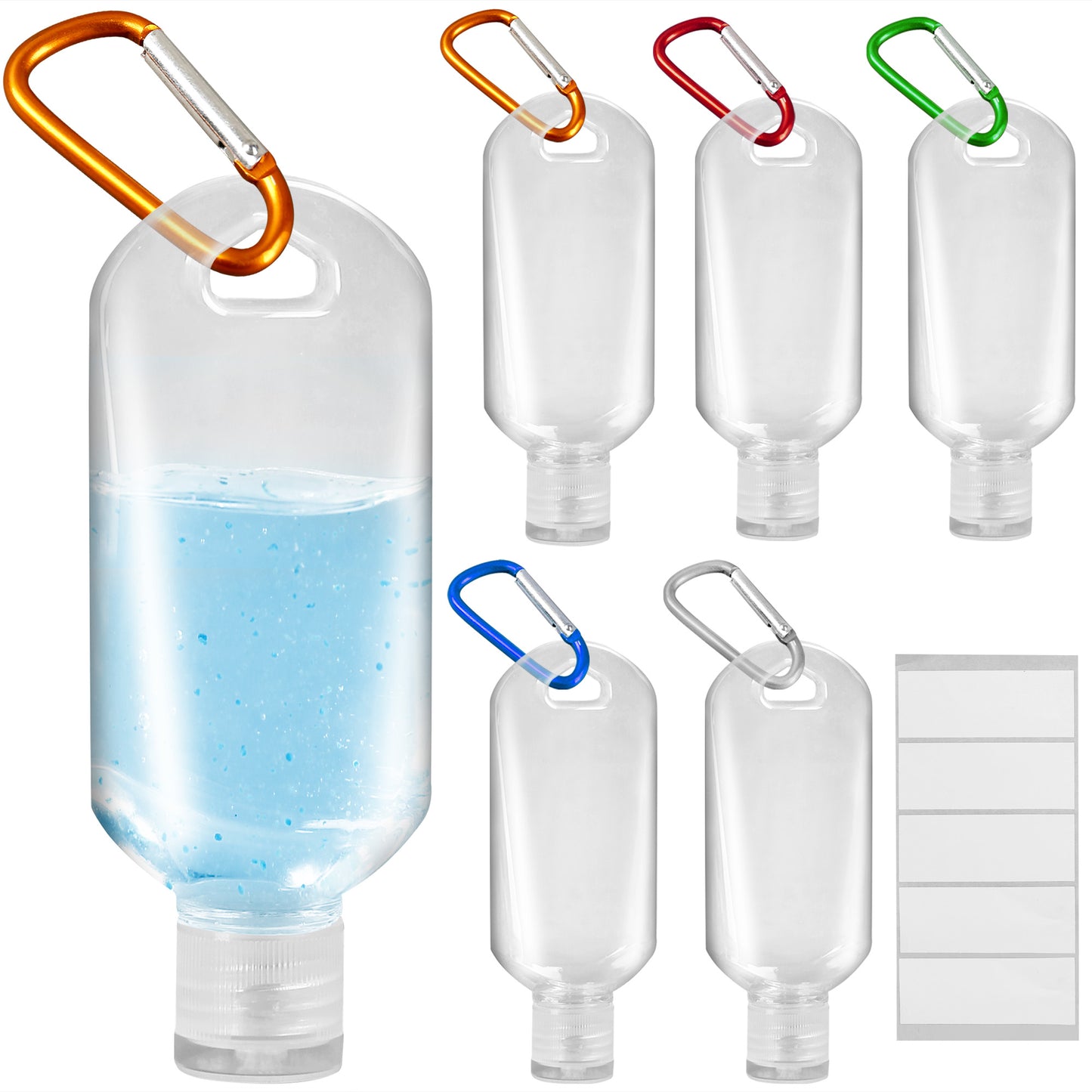 Travel Plastic Clear Keychain Bottles with Buckle Carabiner and Labels for Toiletry Shampoo Lotion Soap