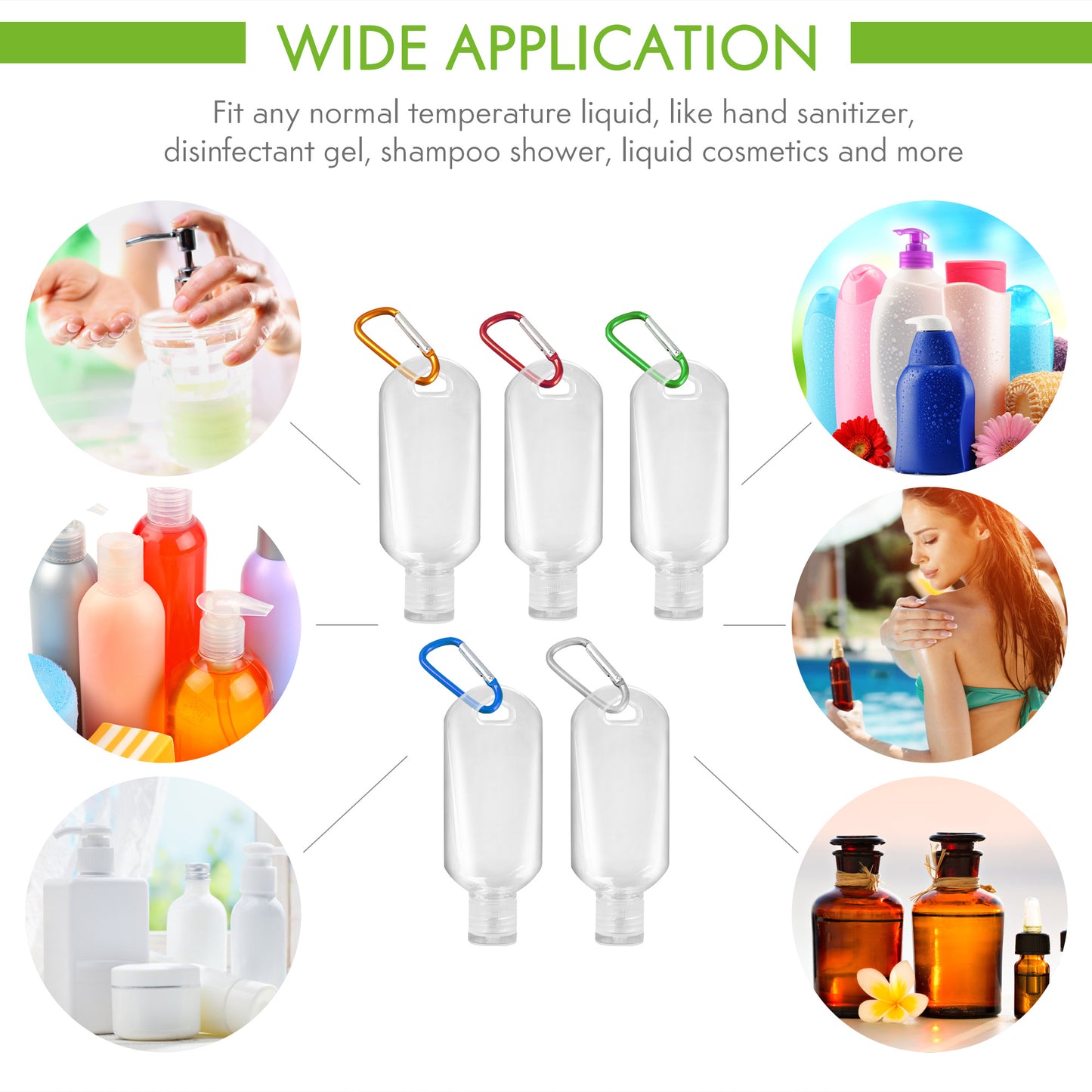 Travel Plastic Clear Keychain Bottles with Buckle Carabiner and Labels for Toiletry Shampoo Lotion Soap