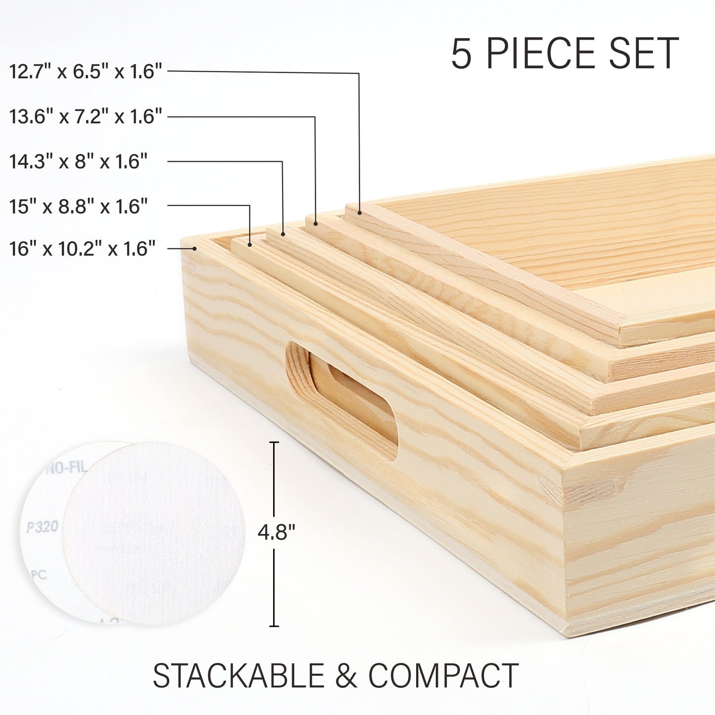 LotFancy 5 Pcs Wooden Nested Serving Trays with Handles, 13 - 16 in, Unfinished Natural Wood Trays