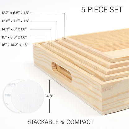 LotFancy 5 Pcs Wooden Nested Serving Trays with Handles, 13 - 16 in, Unfinished Natural Wood Trays