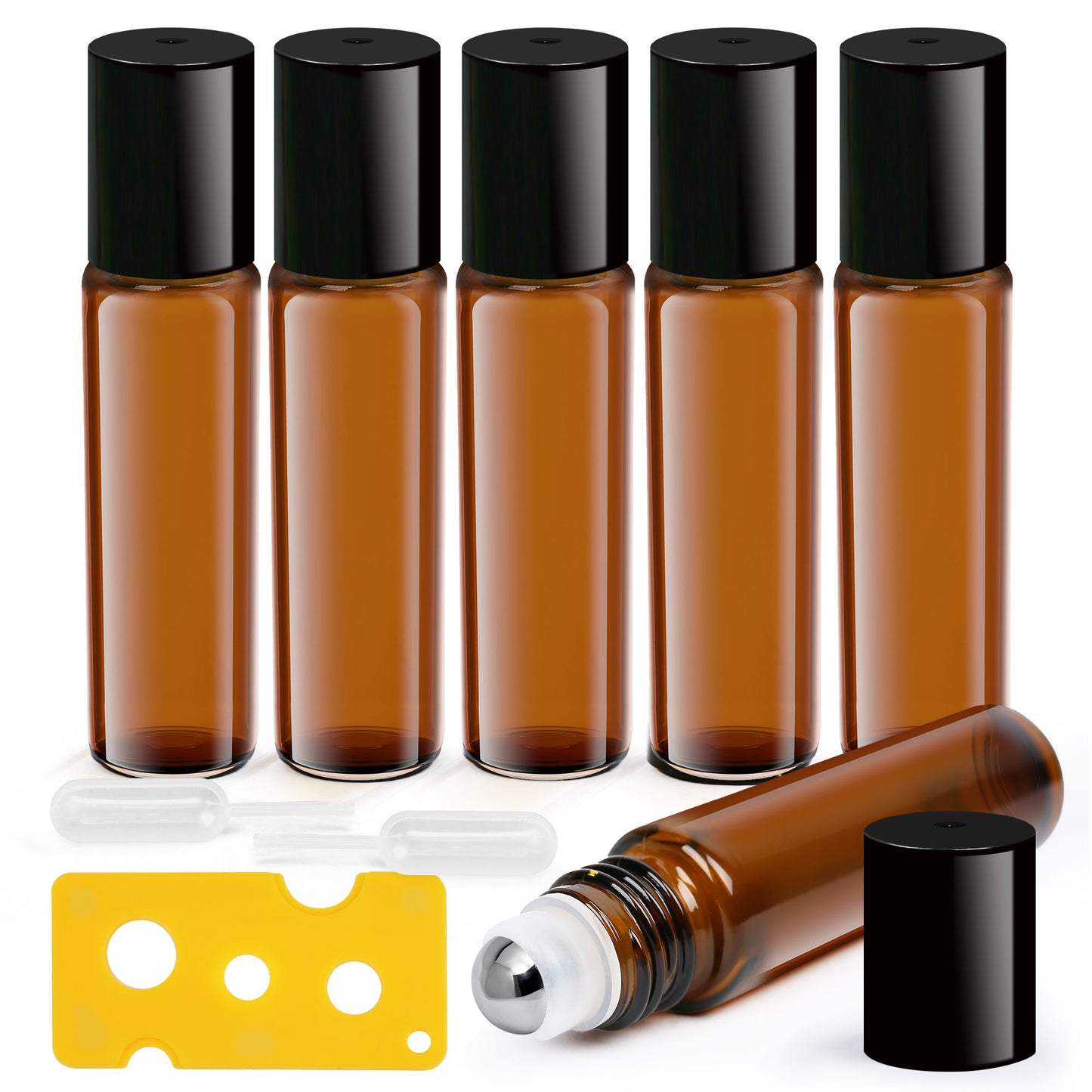 LotFancy Essential Oil Roller Bottles, 6pc 10ml Amber Glass Bottle with Roller Balls and Caps